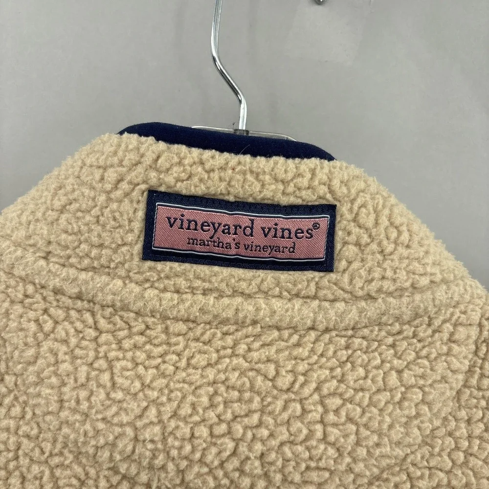 Vineyard Vines Vest Boys 12-14 M Beige Navy Sherpa Fleece Zip Pockets Oatmeal